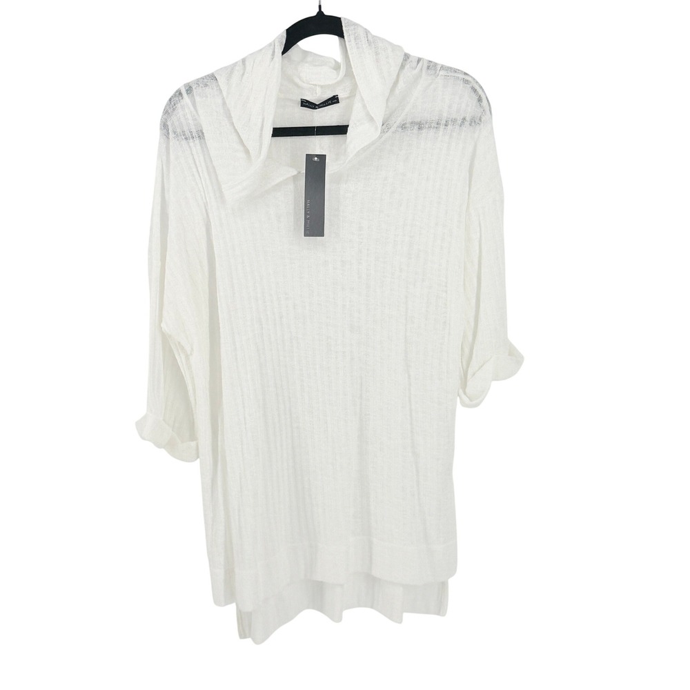 New White Sheer Knit Oversized Hooded Pullover Top Long L Fairy Resortwear Beach